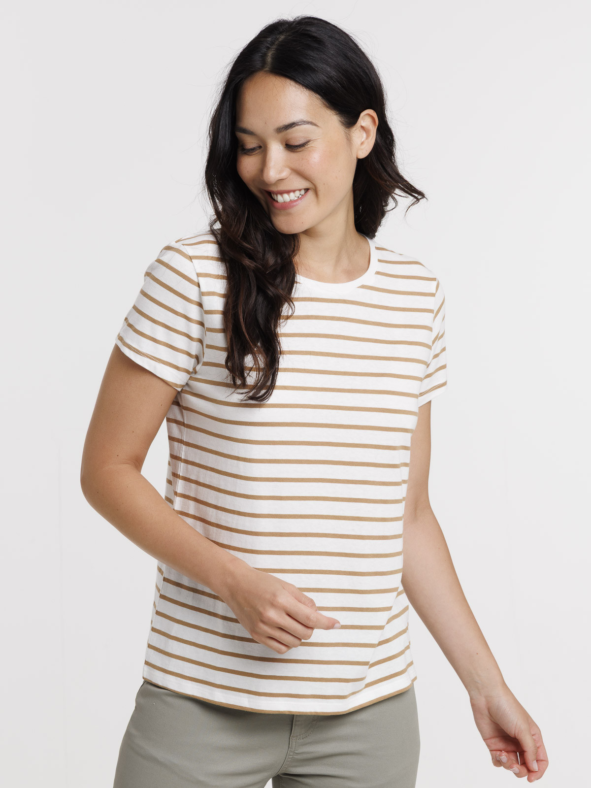 Tee-shirt écru rayé camel femme