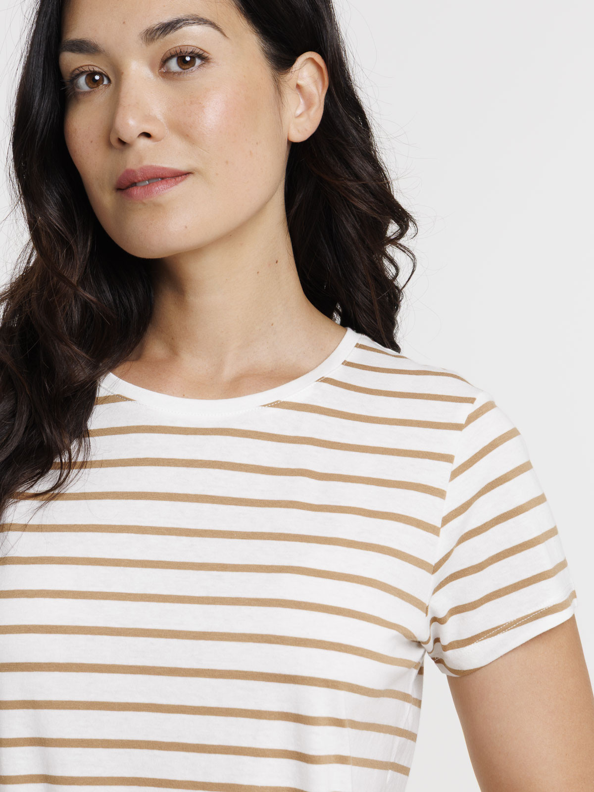 Tee-shirt écru rayé camel femme
