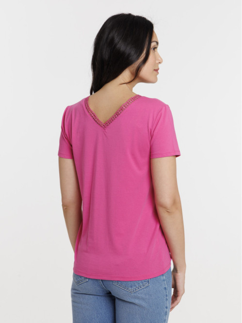 T-shirt col V fushia femme