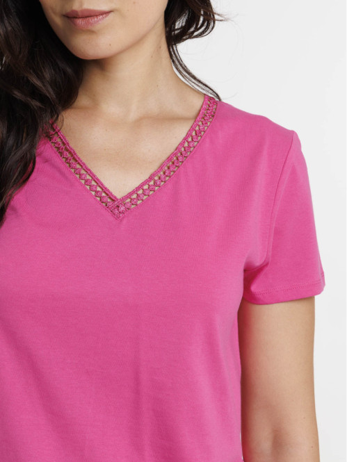 T-shirt col V fushia femme