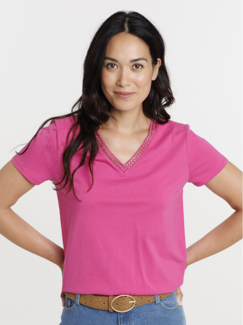T-shirt col V fushia femme