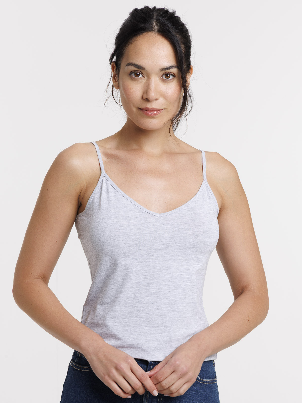 Débardeur col V gris clair chiné femme Débardeur col V gris clair chiné femme