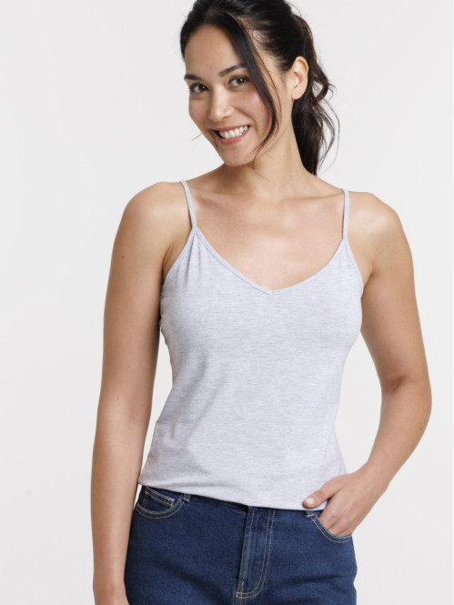 Débardeur col V gris clair chiné femme