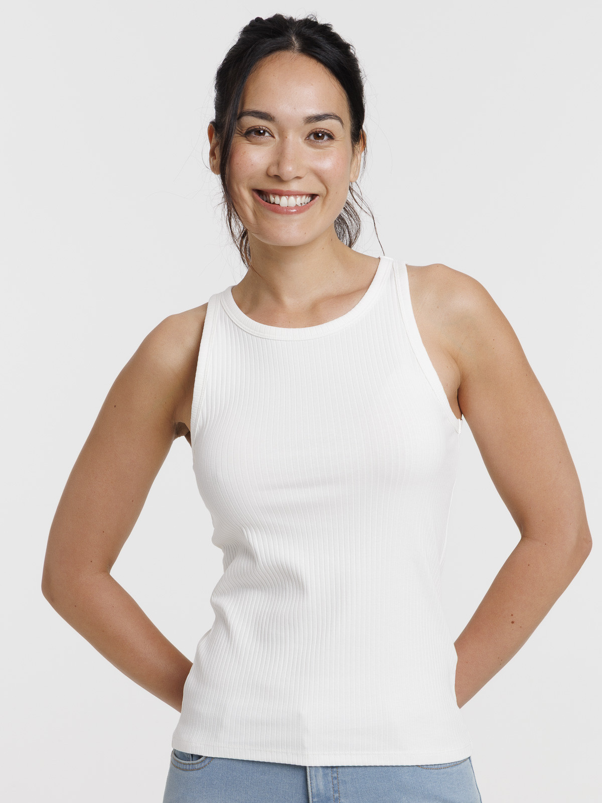 Débardeur côtelé blanc cassé femme