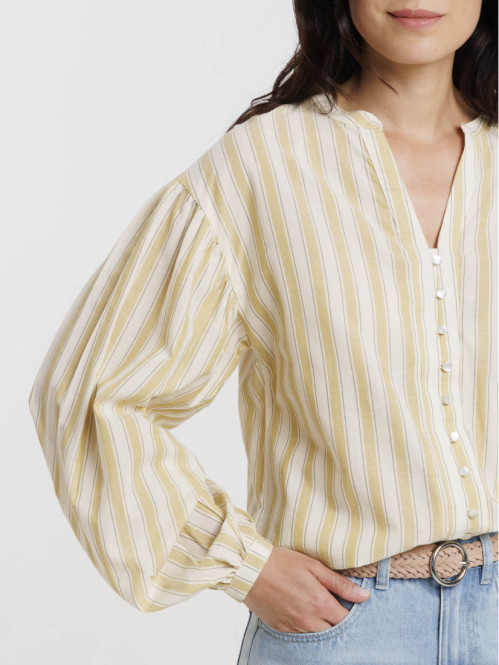 Chemise Femme Rayée Manches Longues - Col En V, Boutonnée Dos, Coupe Ajustée Taille Cintrée