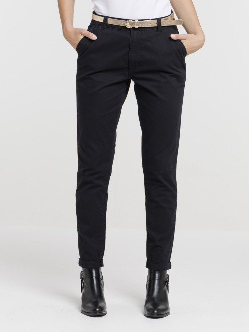 Pantalon chino noir ceinturé femme