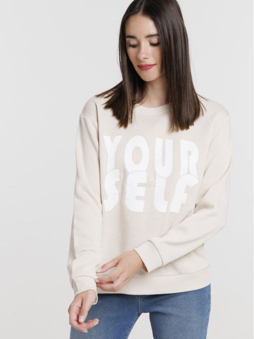 Sweat uni col rond beige...