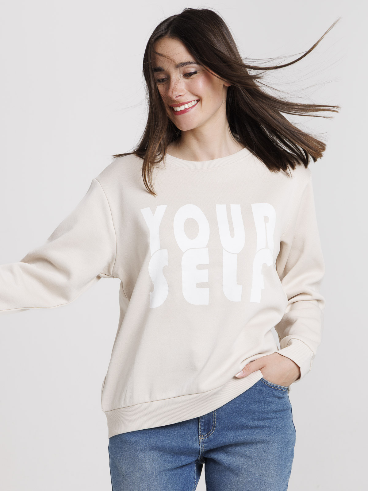 Sweat uni col rond beige grisé femme