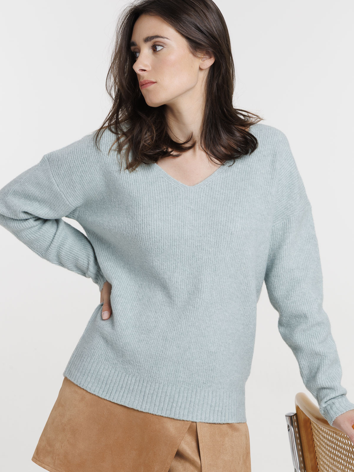 Pull col V bleu glacier femme Pull col V bleu glacier femme