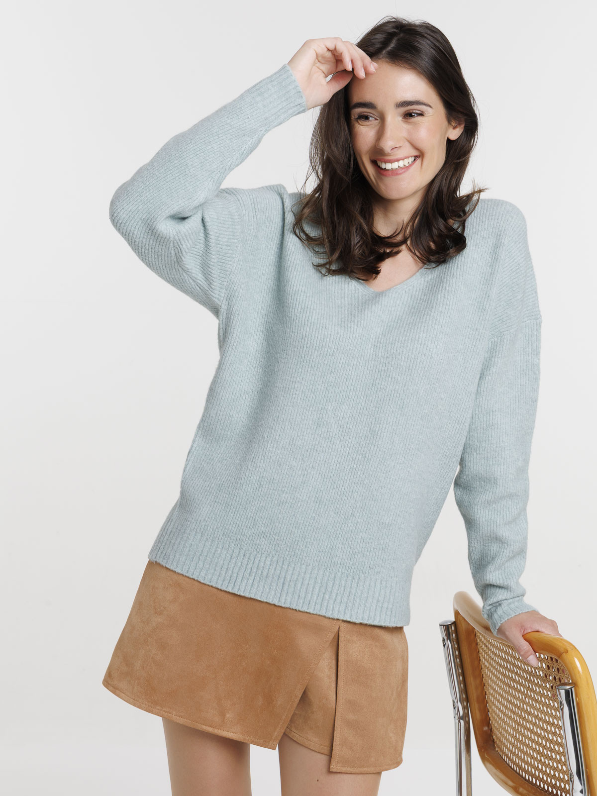 Pull col V bleu glacier femme