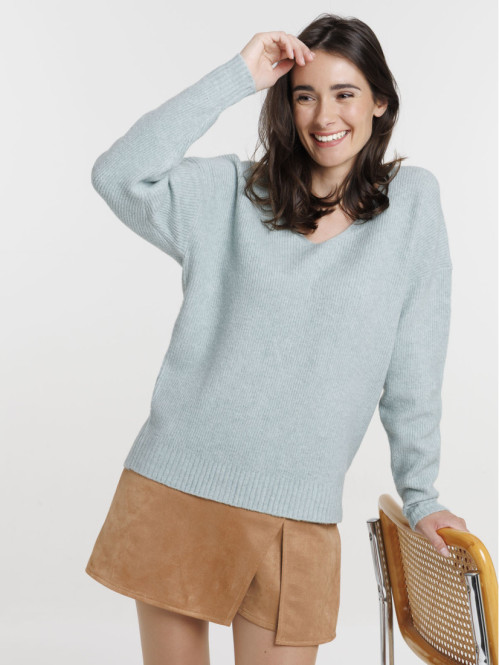 Pull col V bleu glacier femme
