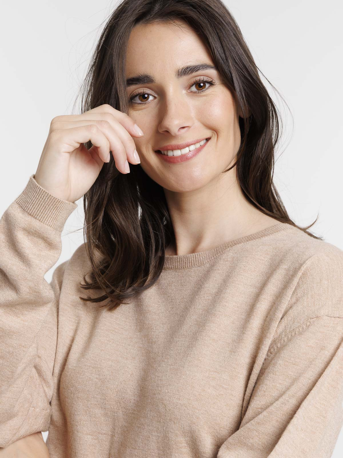 Pull fin col rond camel chiné femme