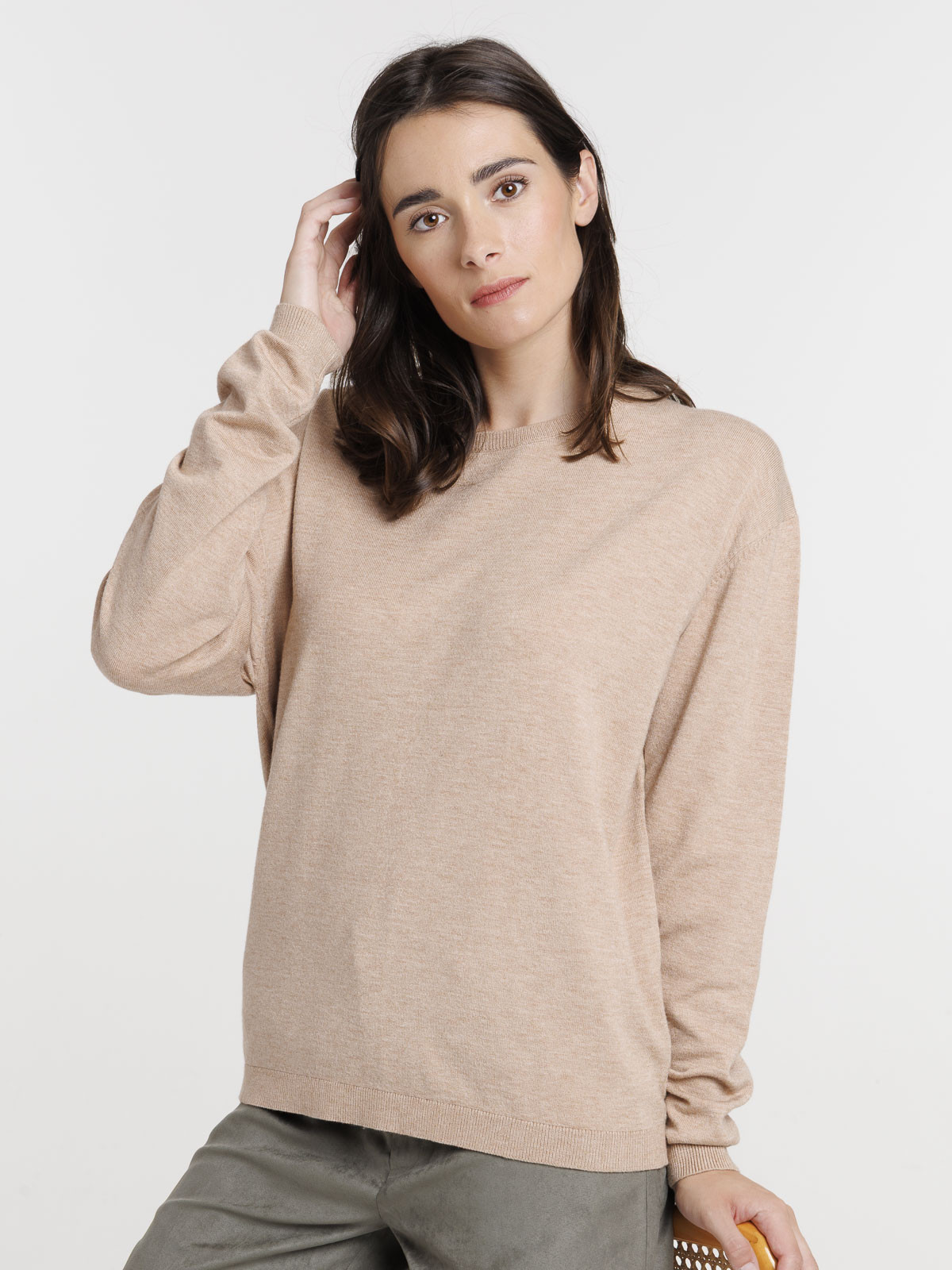 Pull fin col rond camel chiné femme