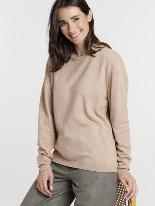 Pull fin col rond camel...
