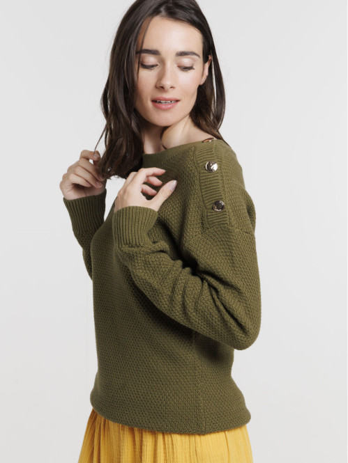 Pull kaki indien boutons épaules femme