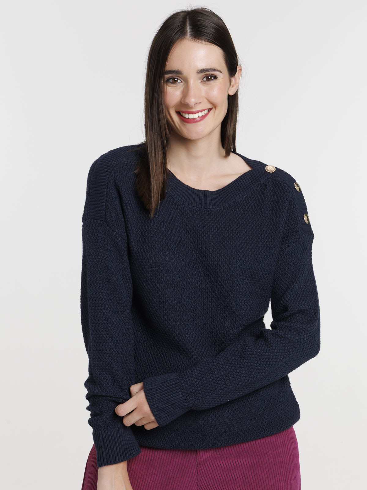 Pull marine navy boutons épaules femme