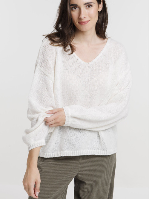 Pull col V écru femme