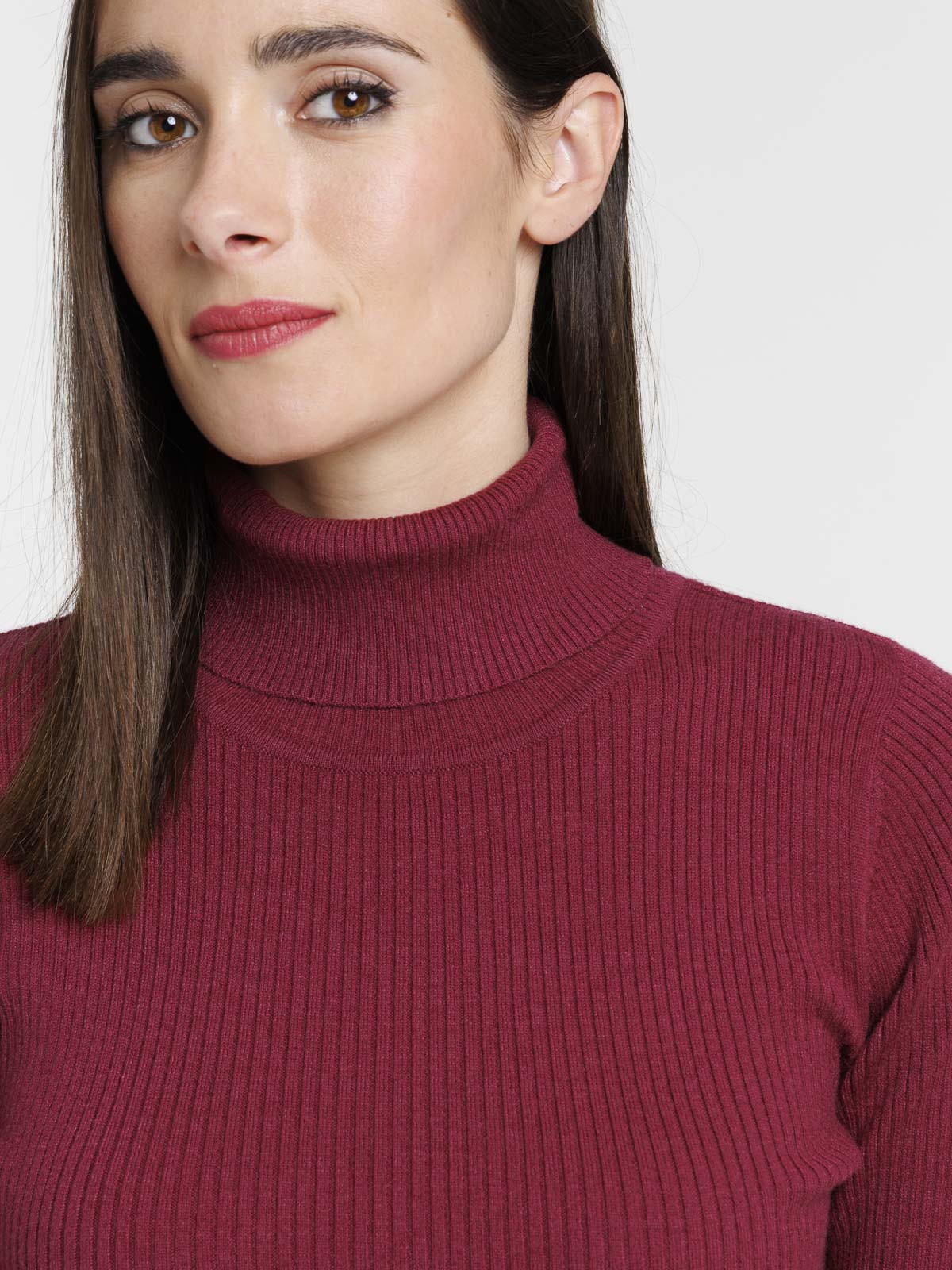 Pull col roulé lie de vin femme