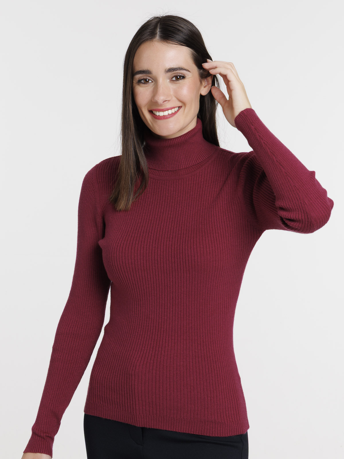 Pull col roulé lie de vin femme