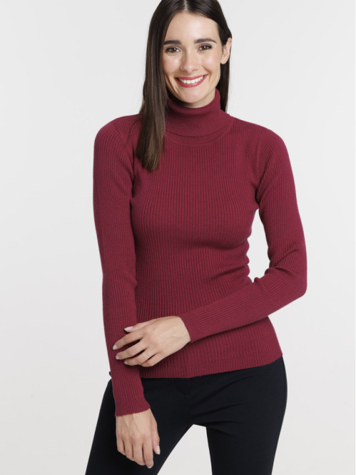 Pull col roulé lie de vin femme
