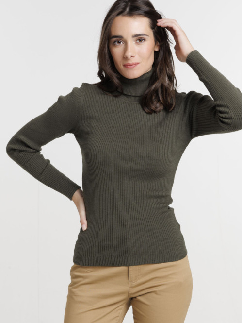 Pull col roulé vert foncé femme