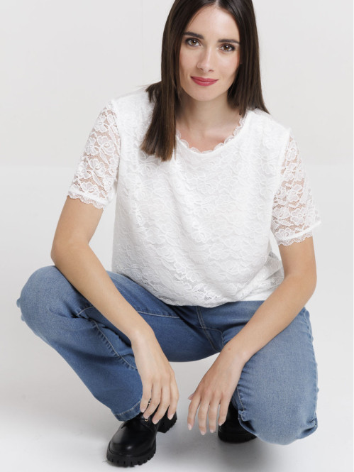 T-shirt dentelle blanc cassé femme