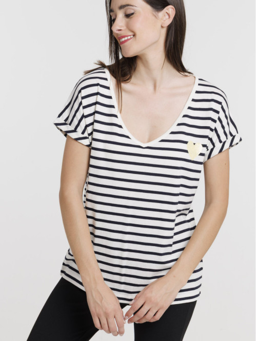 T-shirt col V rayé femme