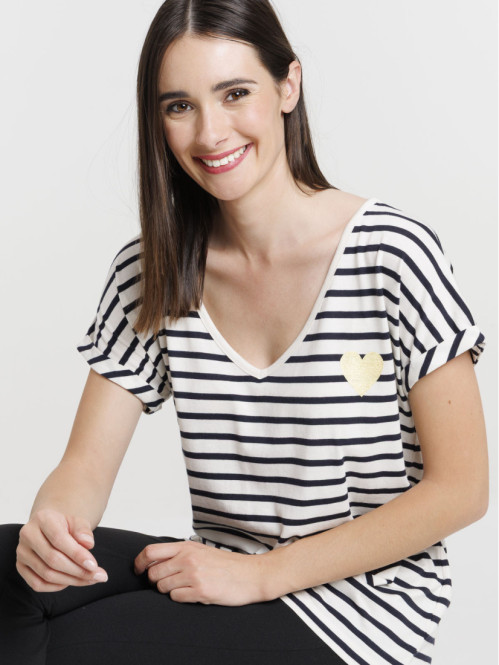T-shirt col V rayé femme