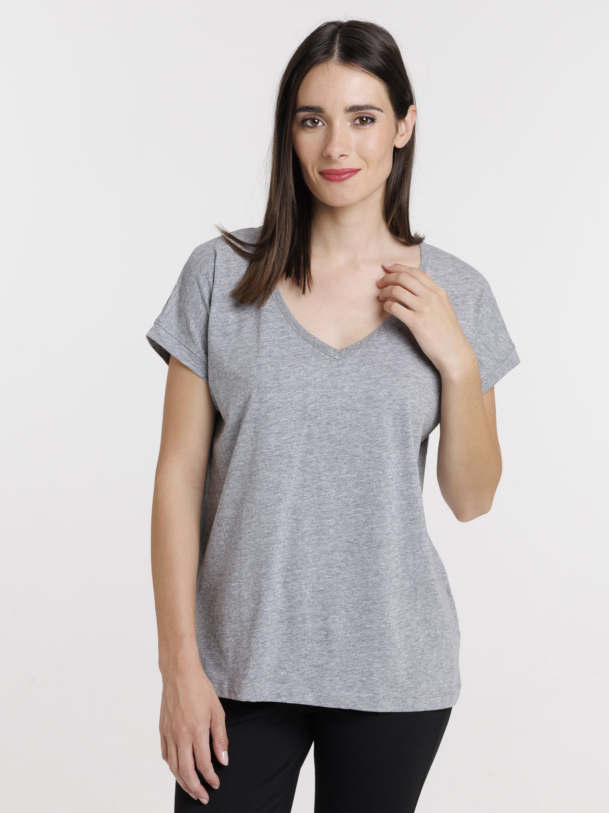 T-shirt col V strass femme