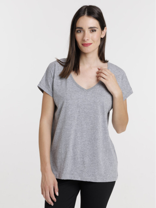 T-shirt col V strass femme