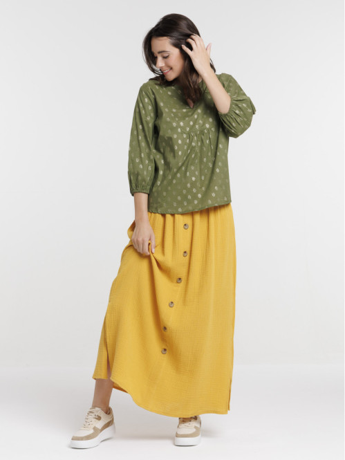 Blouse motifs dorés kaki indien femme