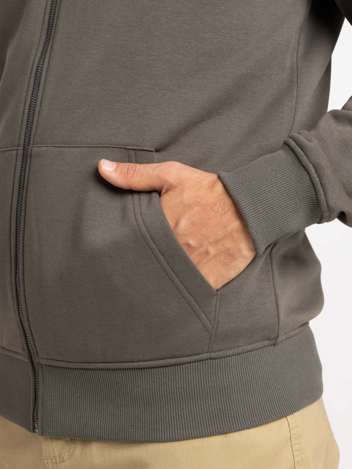 Sweat zippé capuche kaki verdi homme