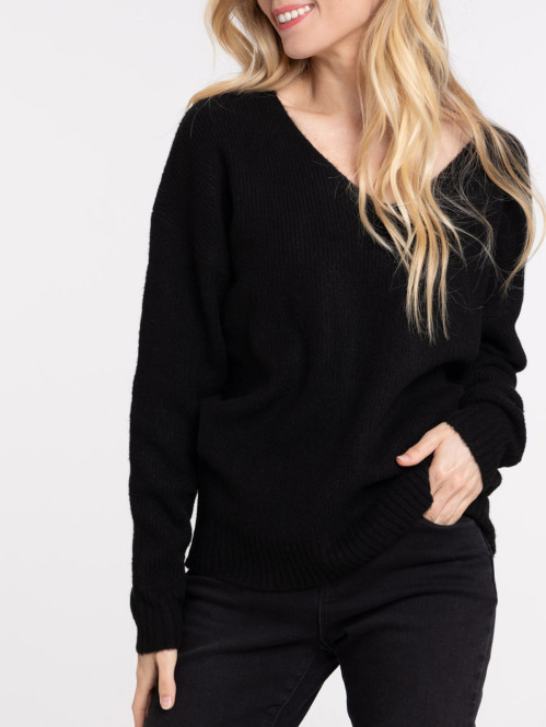 Pull col V tout doux noir femme