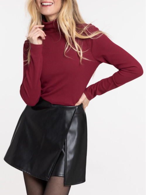 T-shirt col roulé bourgogne femme