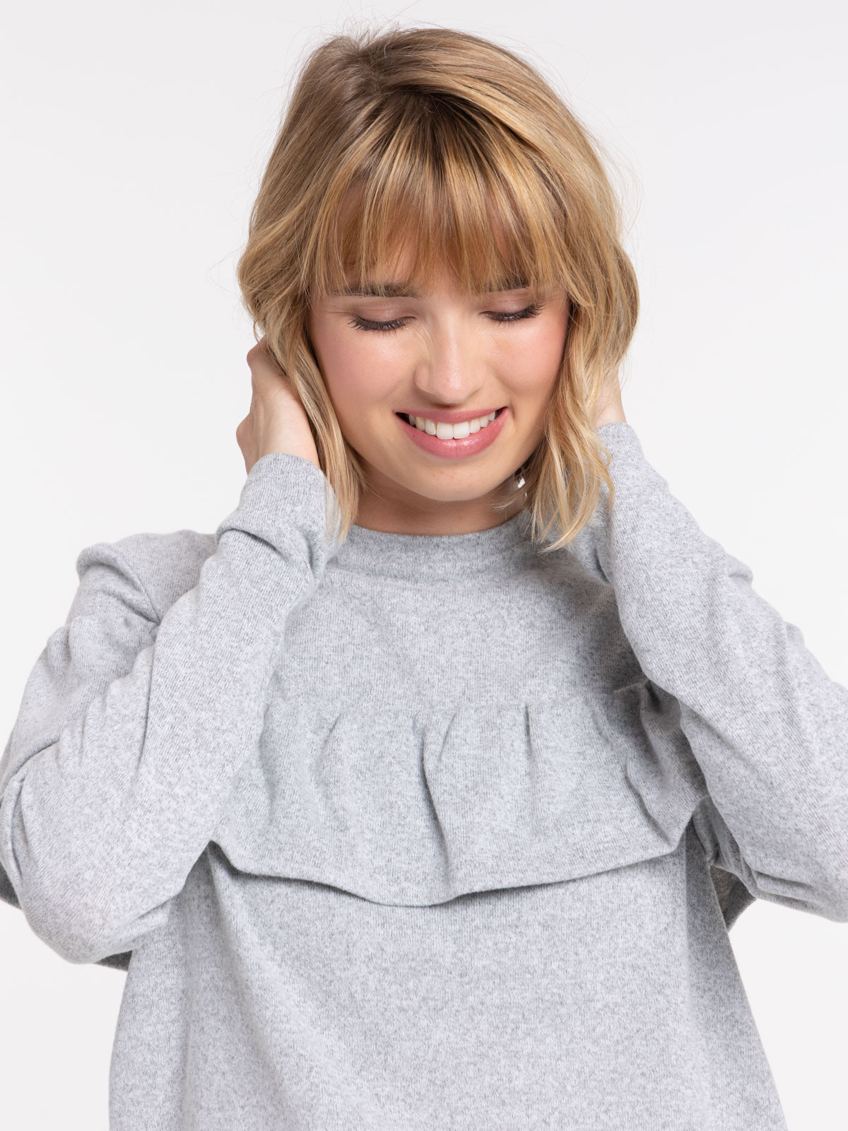 Pull volanté gris clair chiné femme