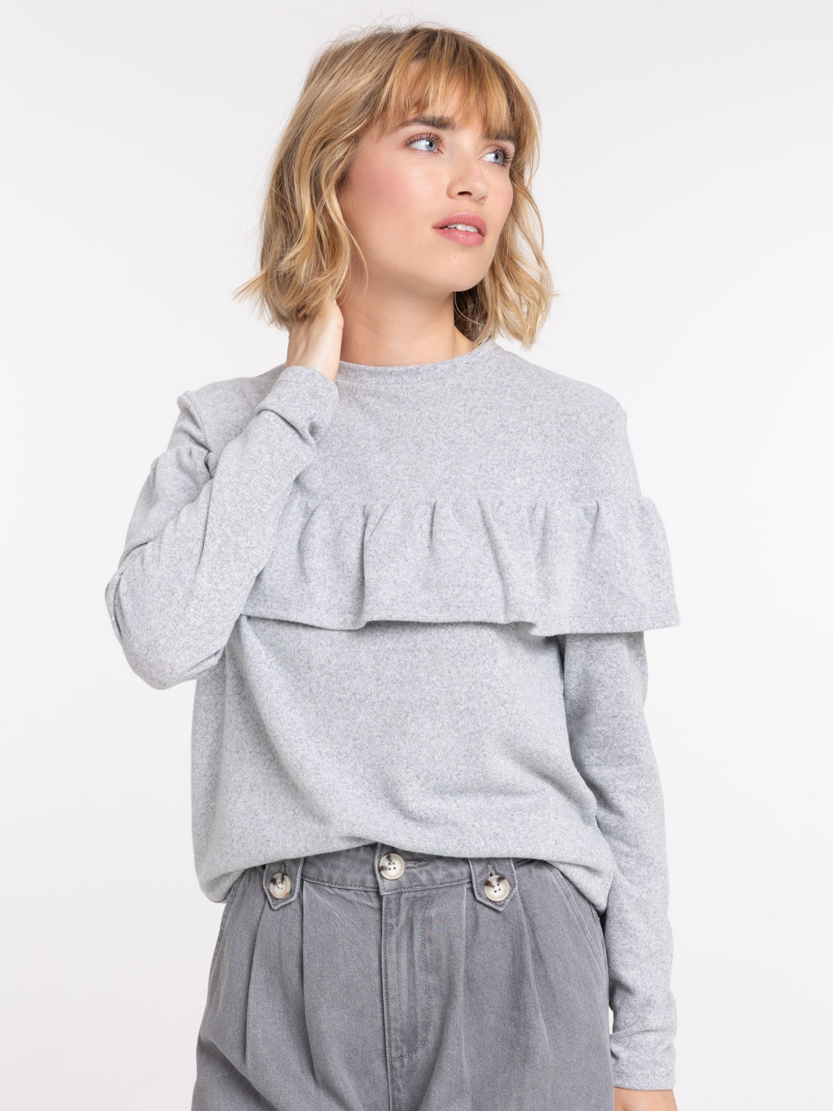 Pull volanté gris clair chiné femme
