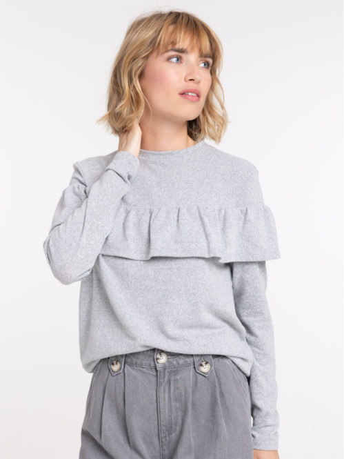 Pull volanté gris clair chiné femme