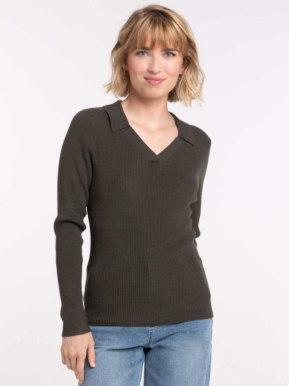 Pull vert foncé col polo femme