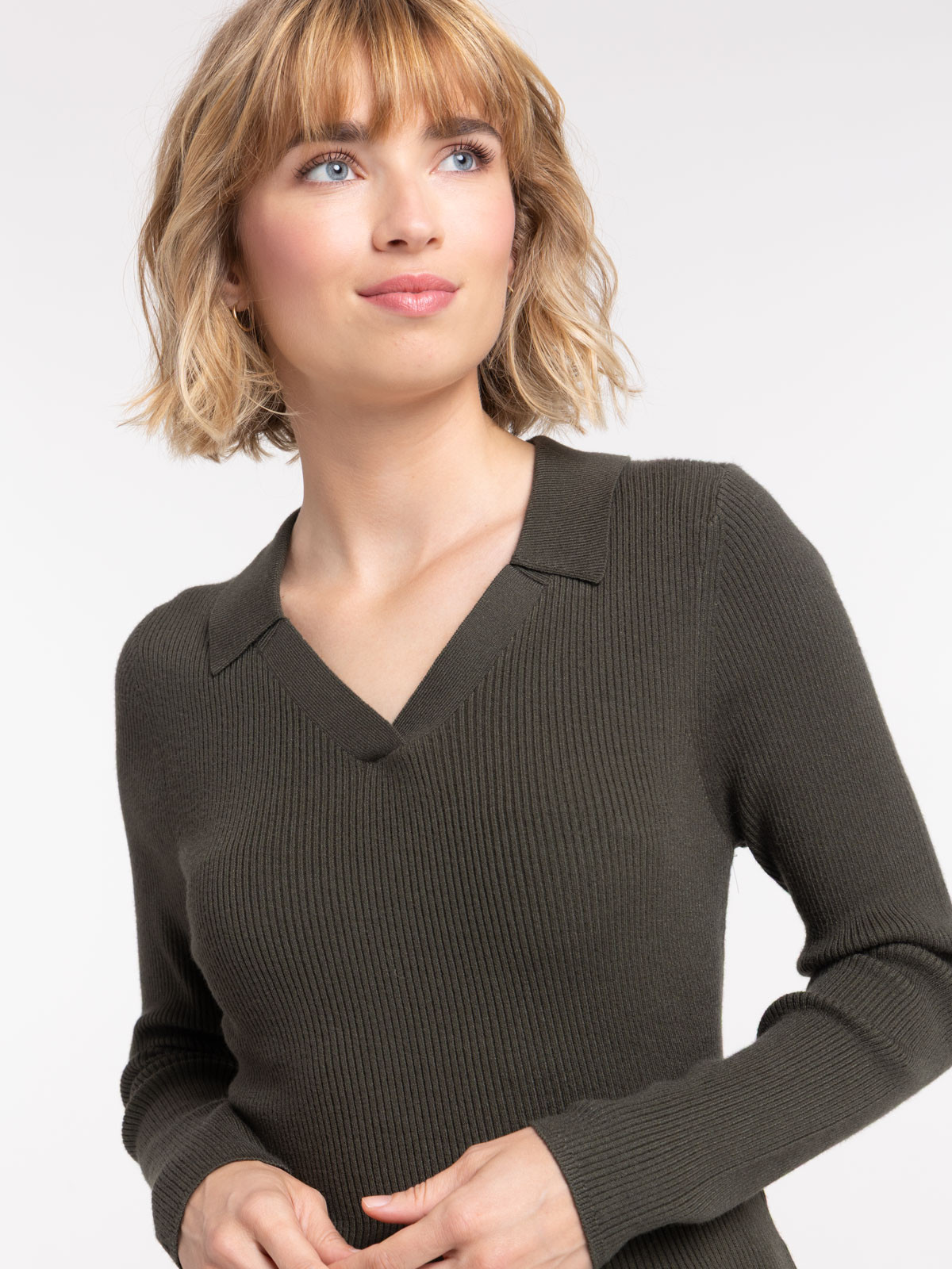 Pull vert foncé col polo femme