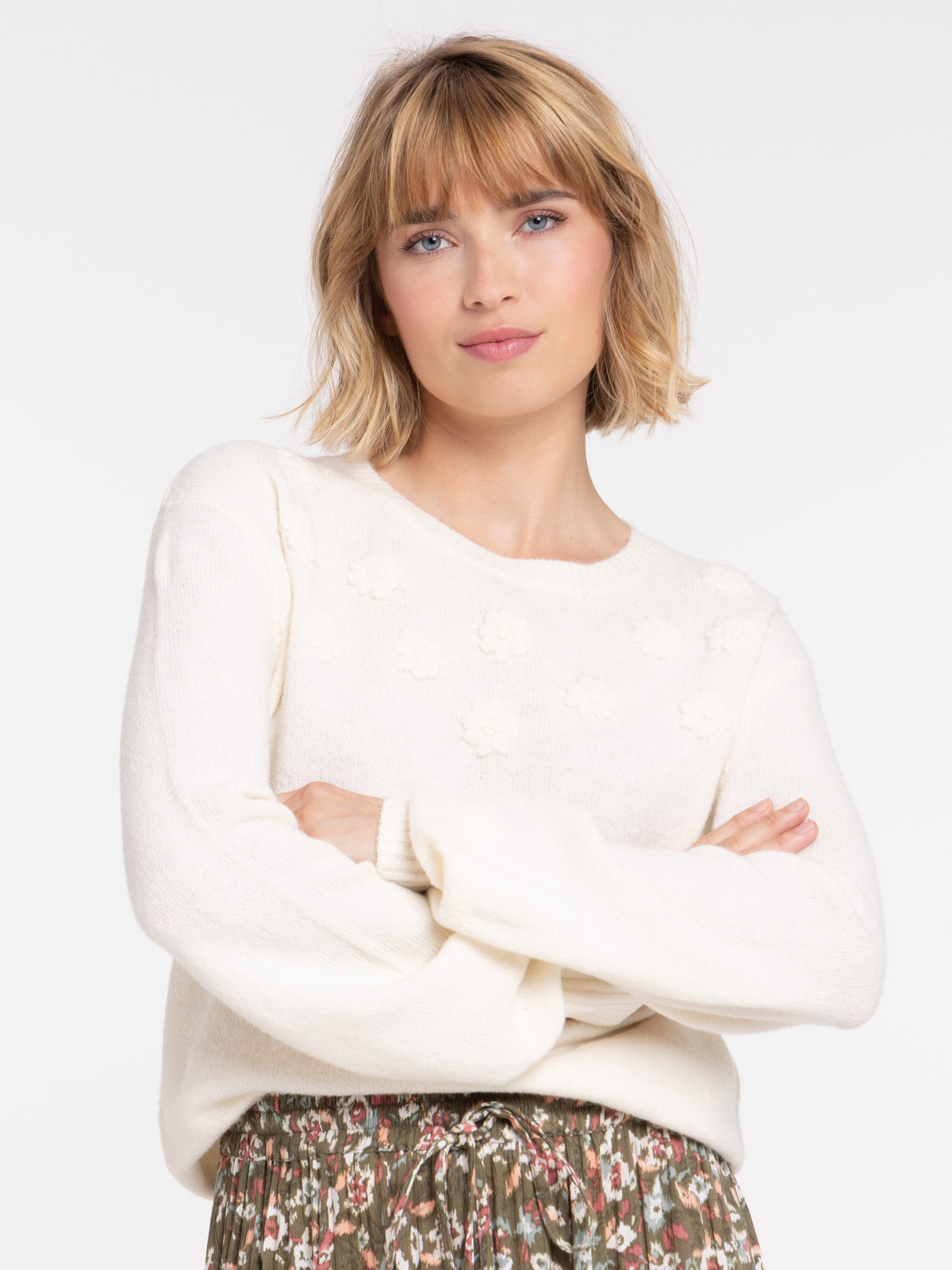 Pull écru fleurs femme