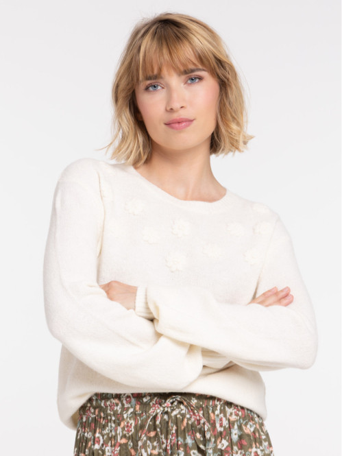 Pull écru fleurs femme