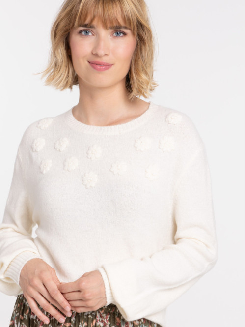 Pull écru fleurs femme