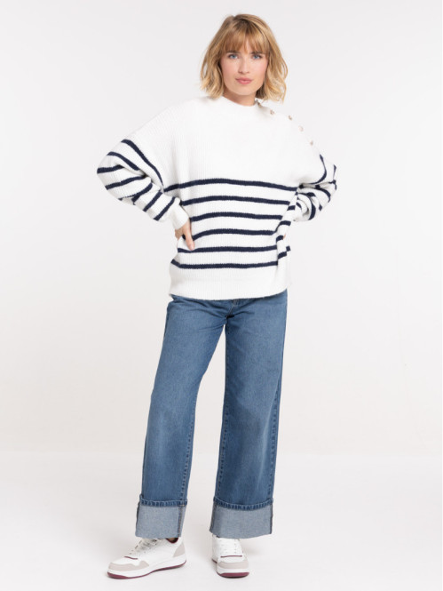 Pull rayé boutons coeurs strass femme