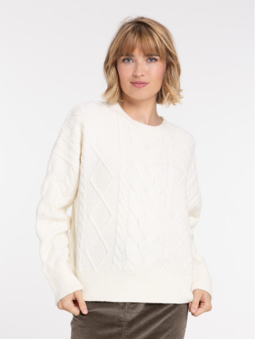 Pull femme écru maille torsadée
