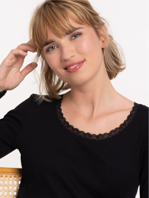 T-shirt noir col rond dentelle femme