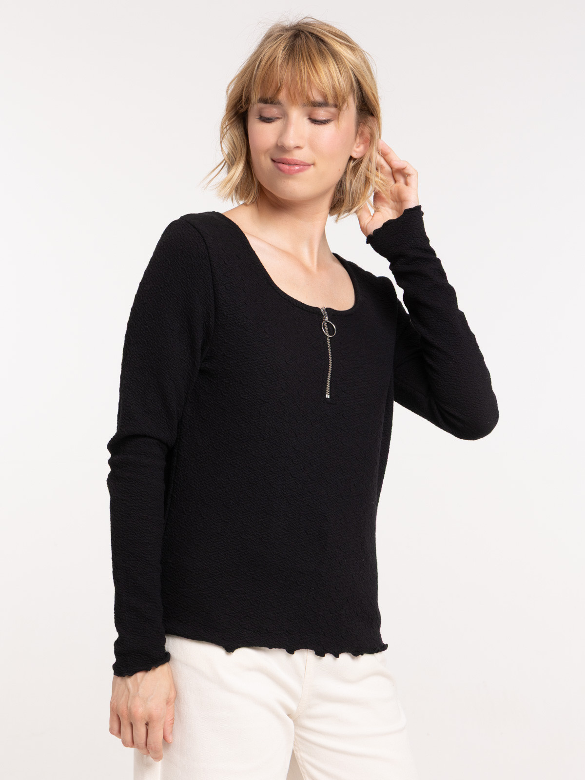 T-shirt col zippé manches longues femme