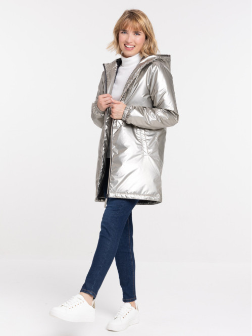 Parka capuche coloris argent femme
