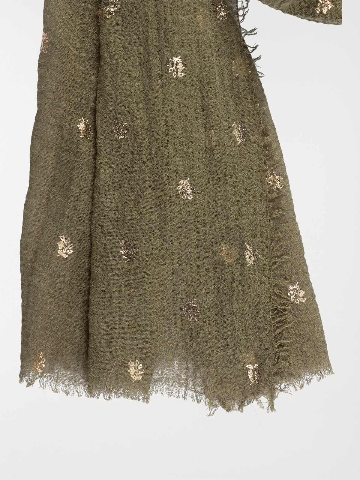 Foulard kaki indien motif doré femme Foulard kaki indien motif doré femme