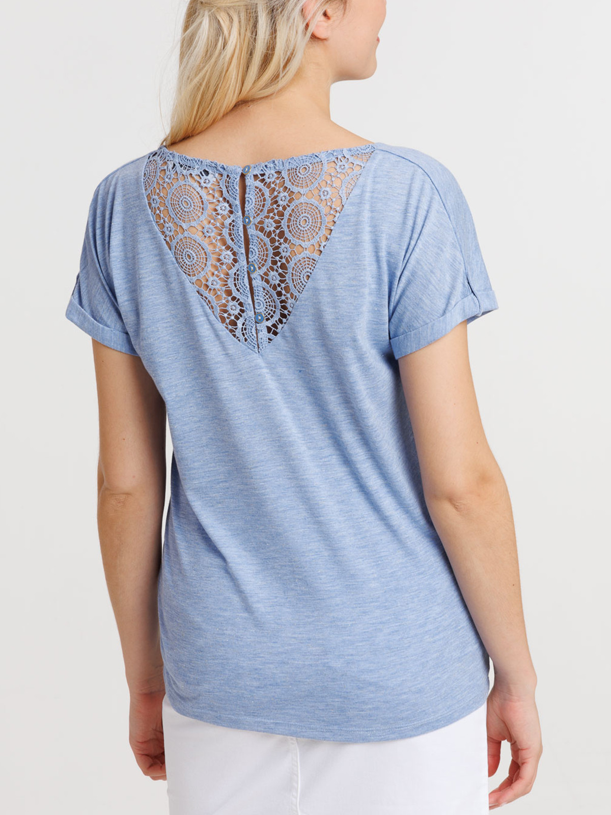 T-shirt bleu femme dentelle macramé dos T-shirt bleu femme dentelle macramé dos