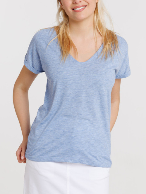 T-shirt bleu femme dentelle macramé dos